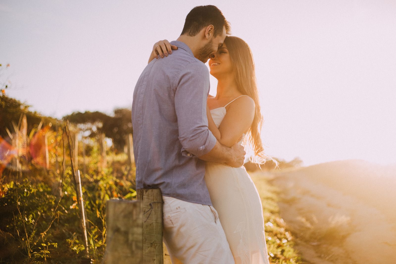 A couple embracing on a hillside in late sun