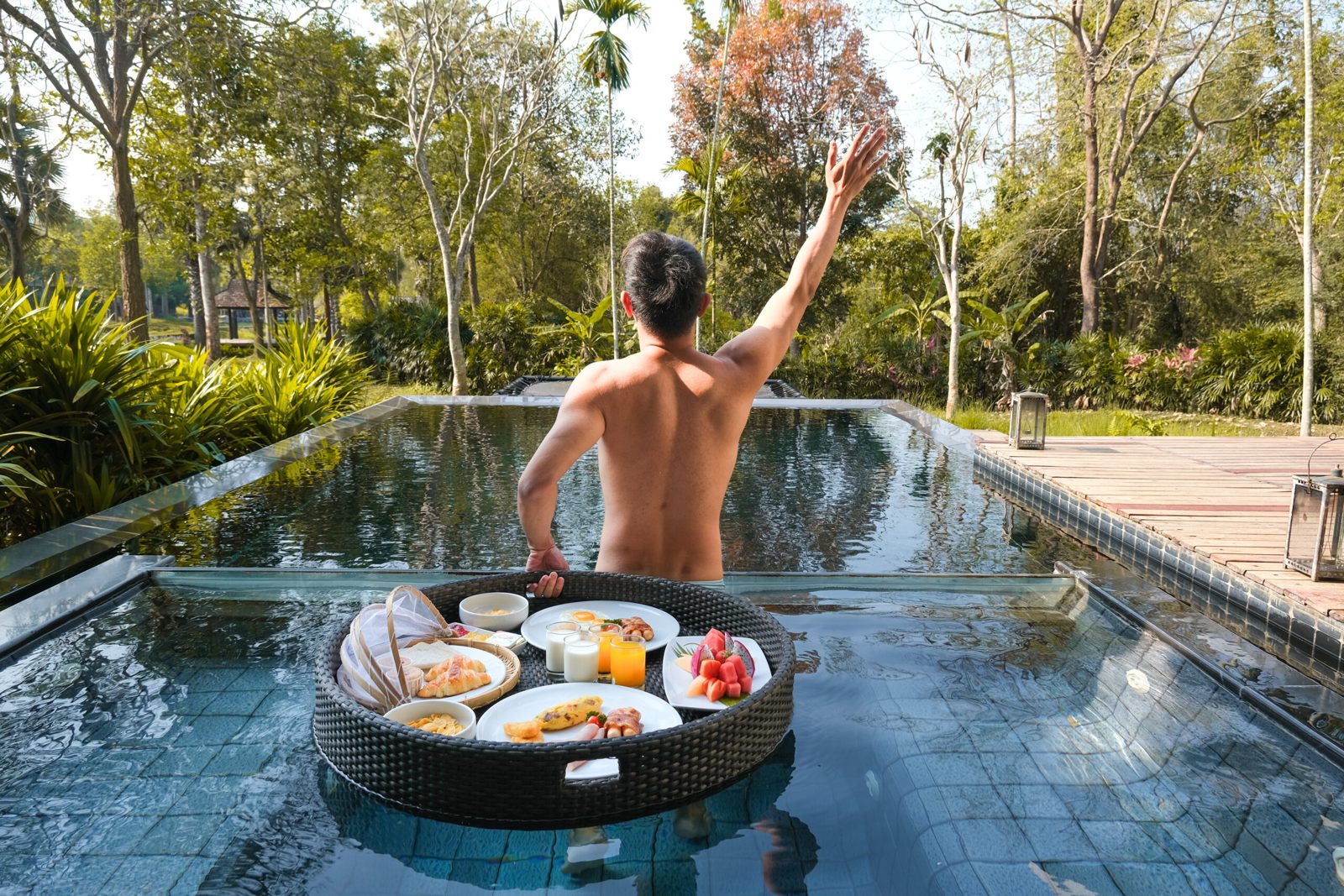 A floating breakfast tray in a private pool