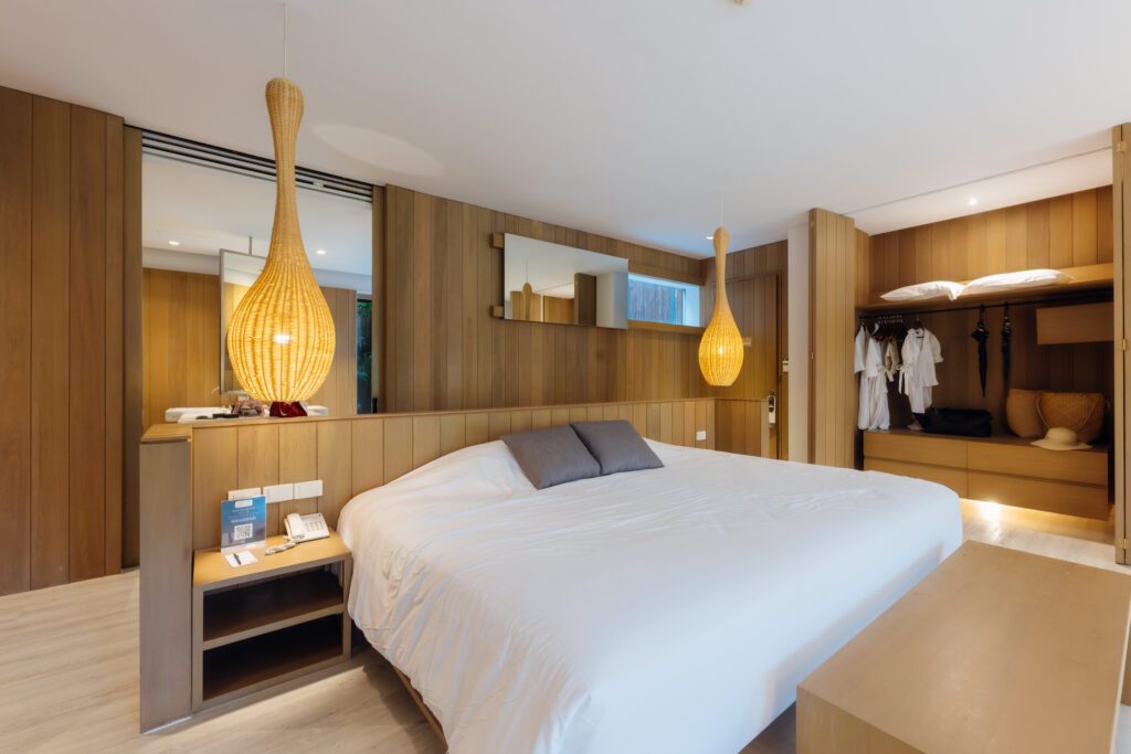 A calm bedroom in warm wood
