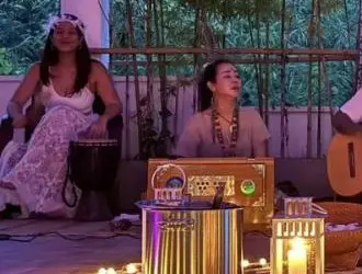 Singers at the Sunday kirtan at Amaravati