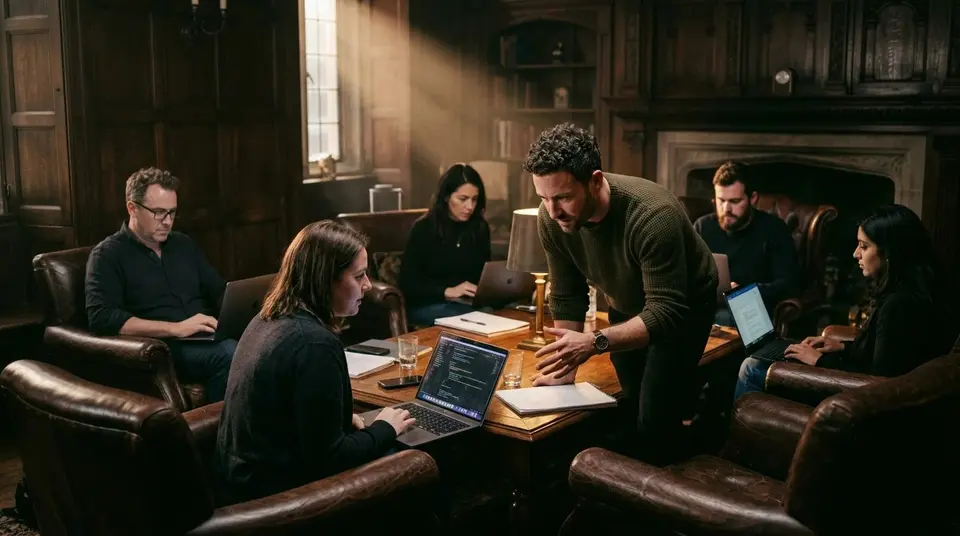 A small group at work around a table in a wood-panelled library
